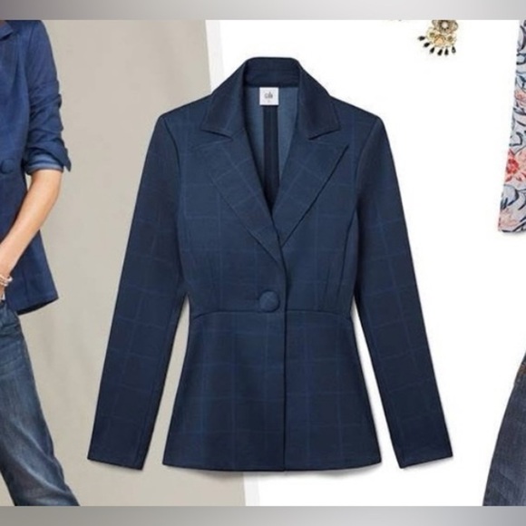 CAbi Women’s Navy Windowpane Print Notched‎ Collar Check Blazer Size 6 - Picture 1 of 8